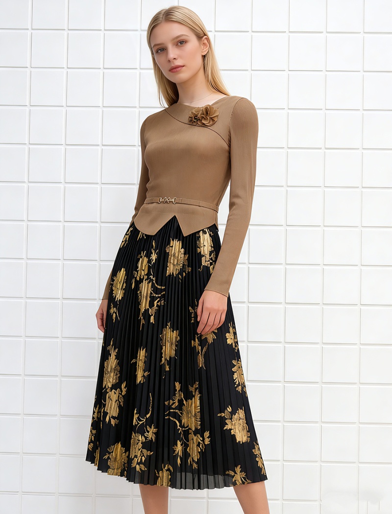 Printing pleated dress bandage pinched waist long dress