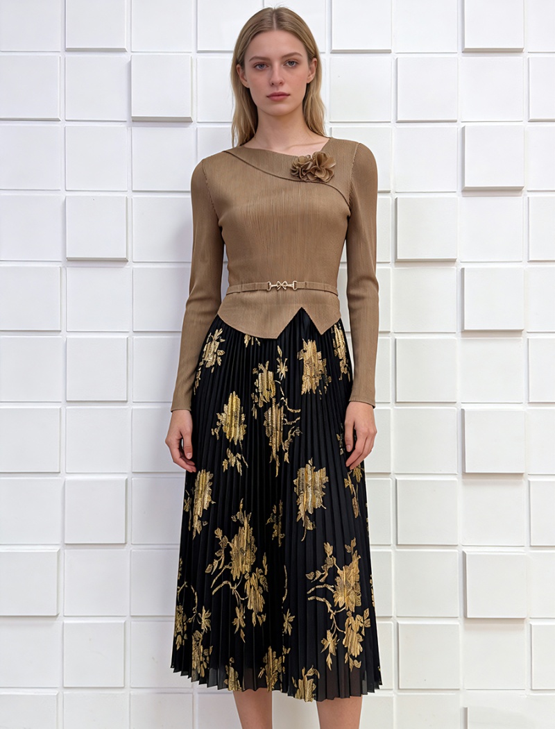 Printing pleated dress bandage pinched waist long dress