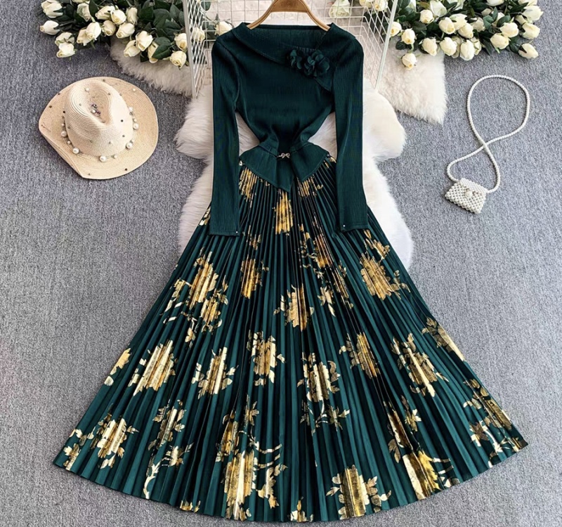 Printing pleated dress bandage pinched waist long dress