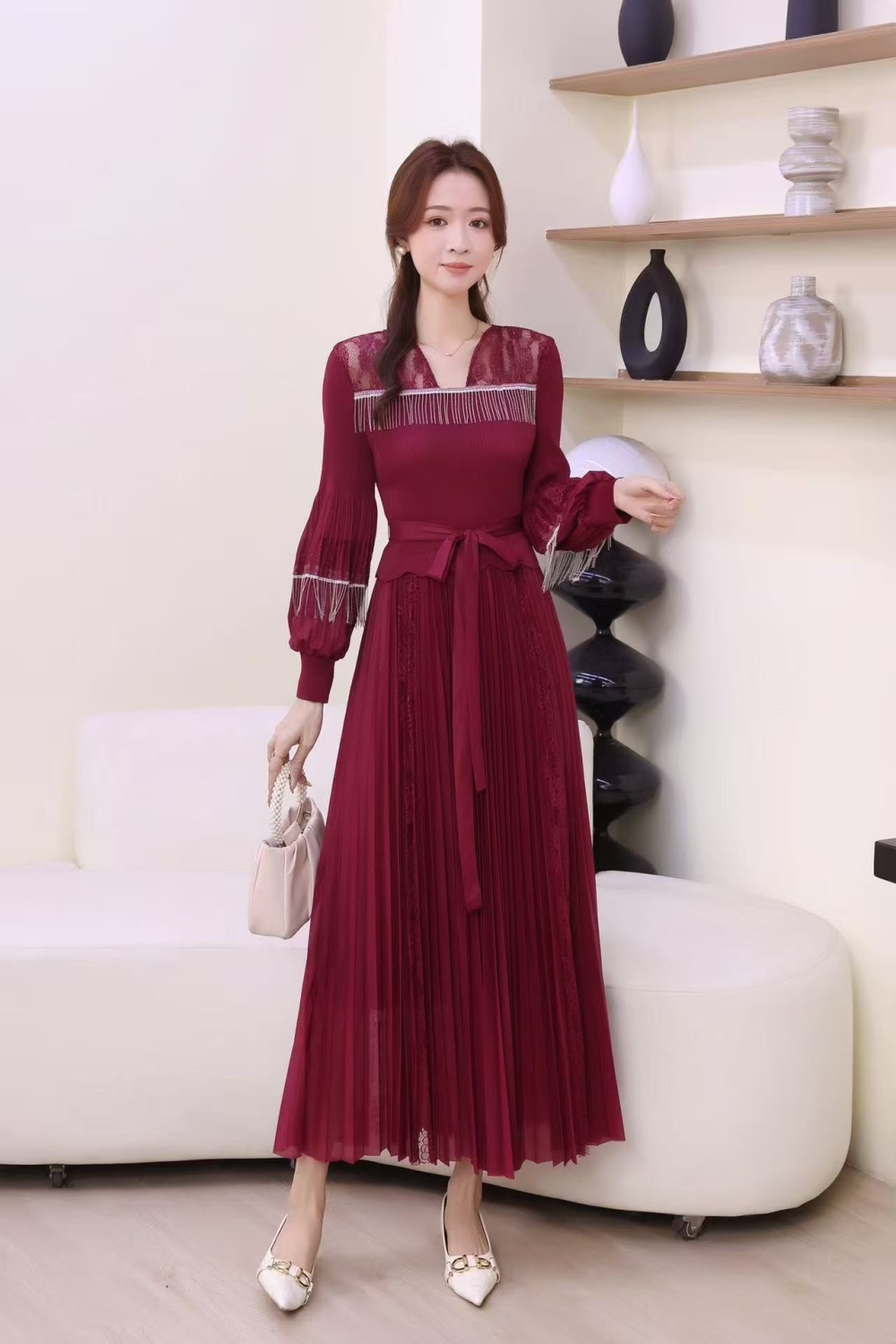 Pleated splice European style lantern sleeve dress