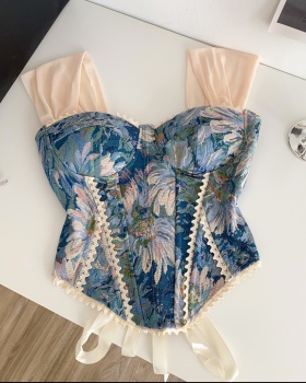 Splice jacquard retro vest lace bandage tops for women