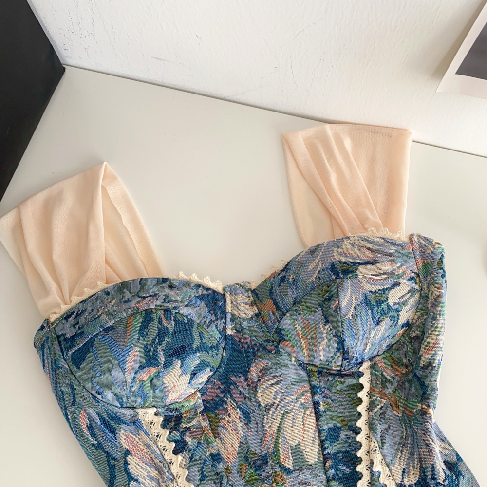 Splice jacquard retro vest lace bandage tops for women