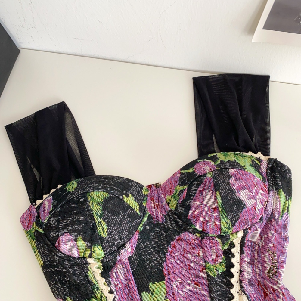 Splice jacquard retro vest lace bandage tops for women