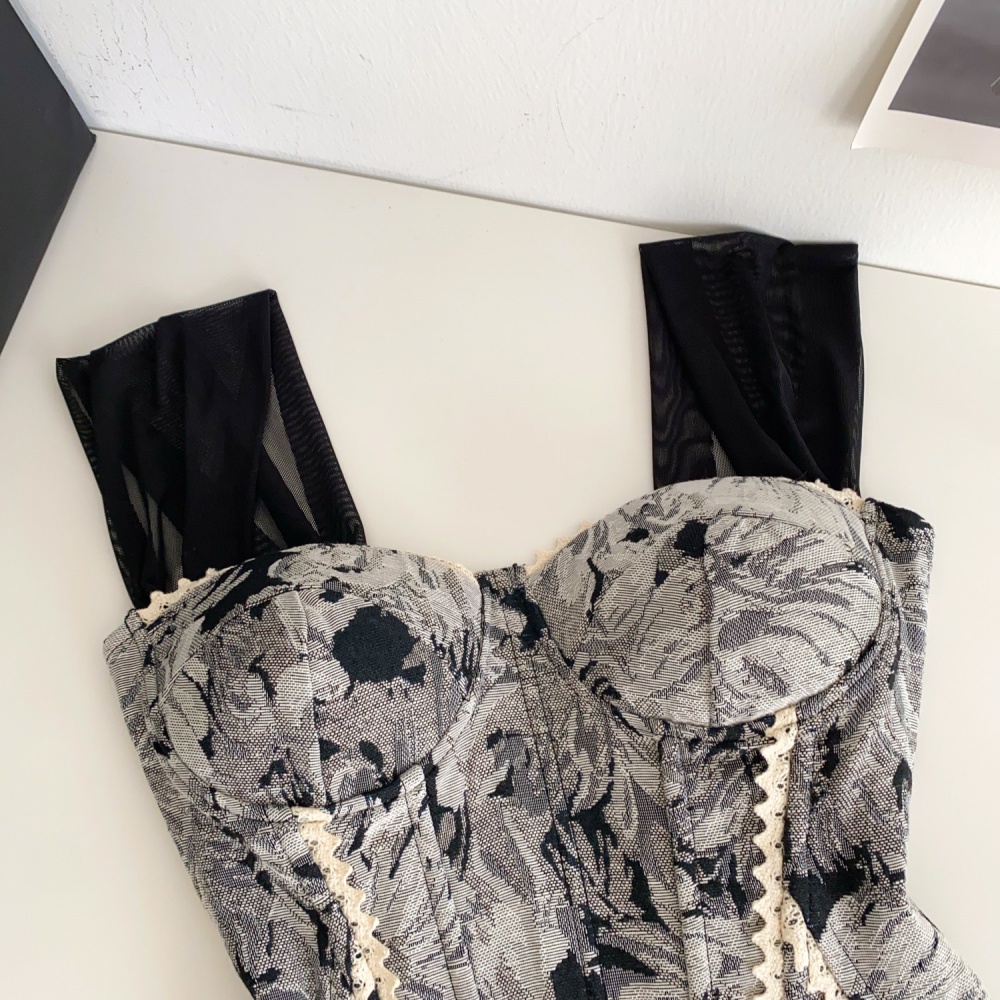 Splice jacquard retro vest lace bandage tops for women