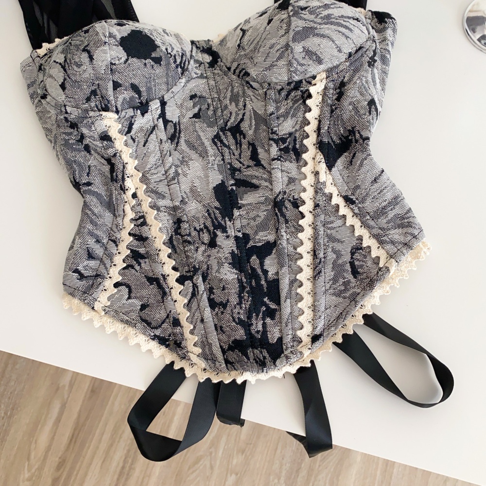 Splice jacquard retro vest lace bandage tops for women