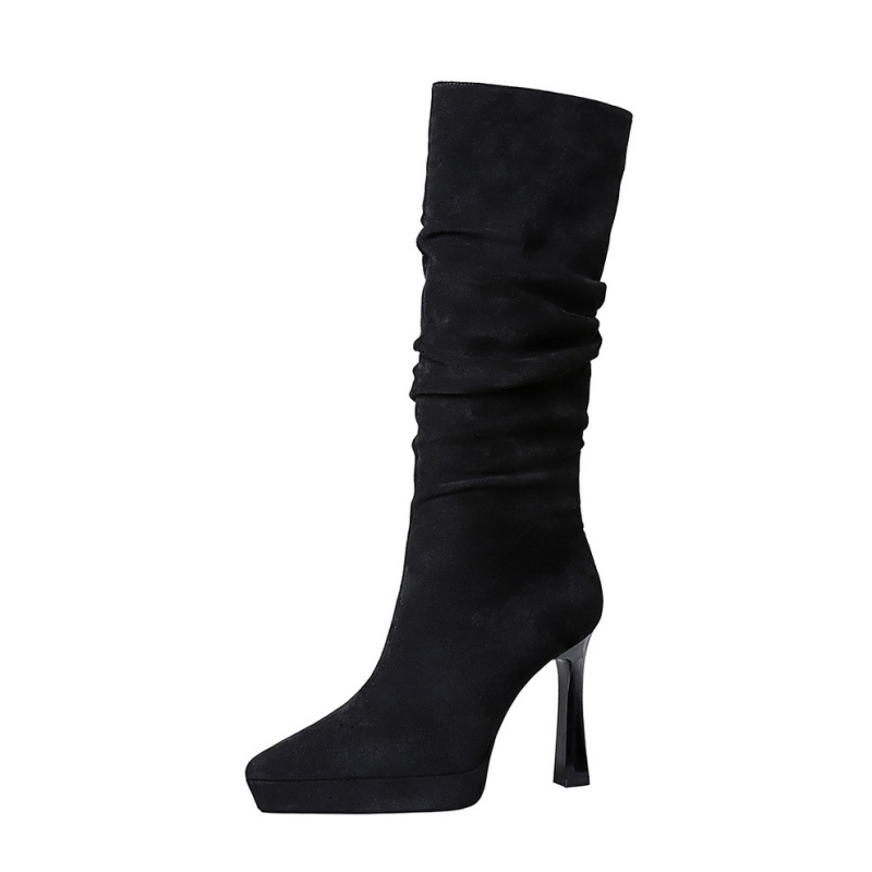 Pointed thick boots fold long tube platform for women
