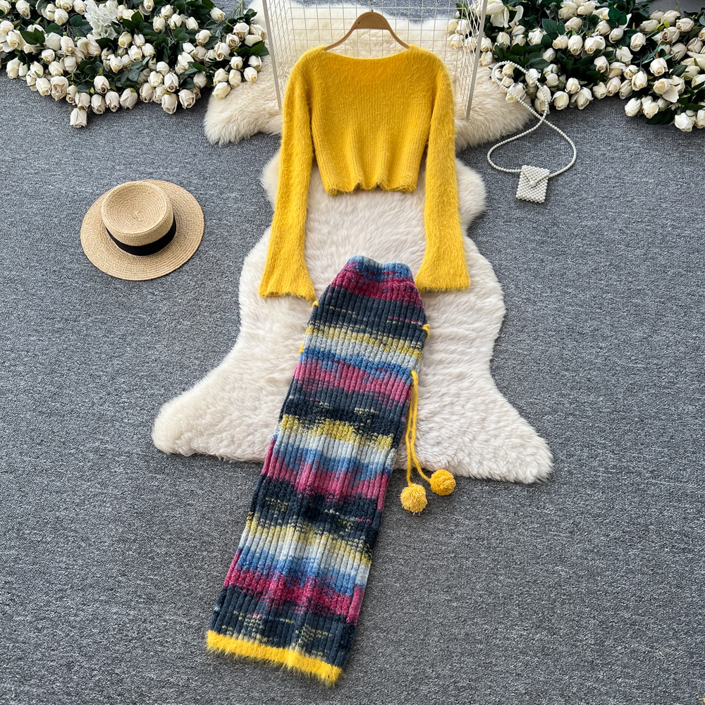 Fashion long skirt autumn tops 2pcs set for women