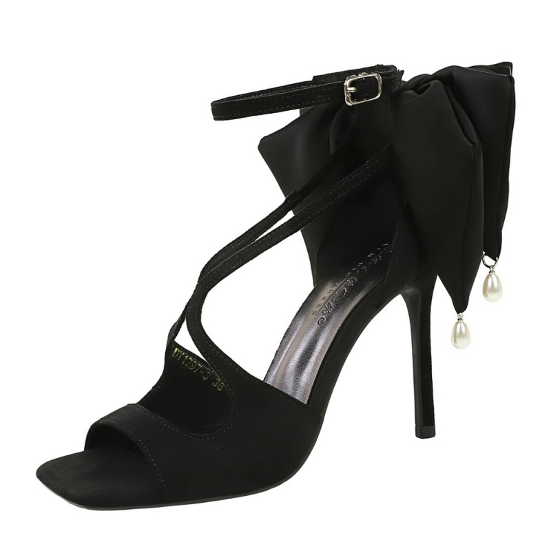Square head pearl sandals bow hollow shoes for women