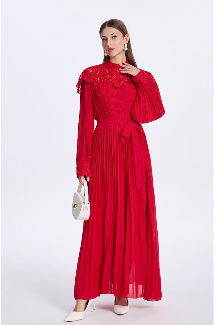 Cstand collar pendant France style splice long dress