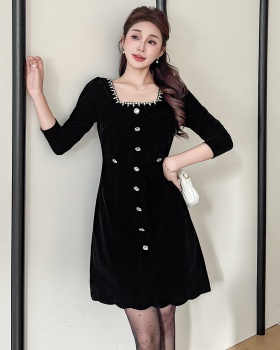 Square collar beading temperament rhinestone dress