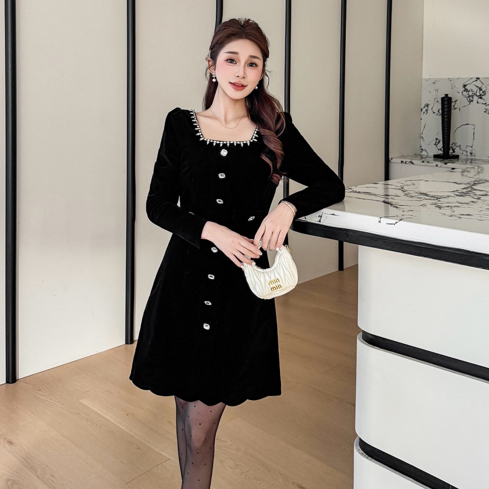 Square collar beading temperament rhinestone dress