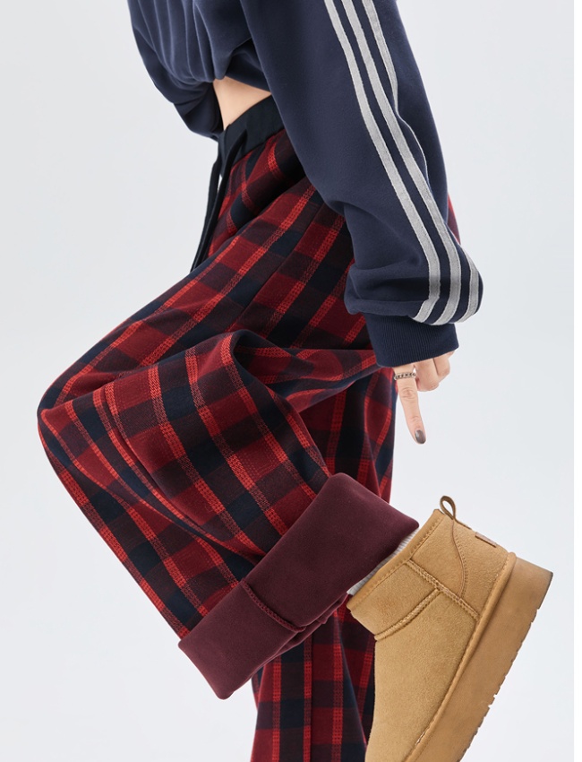 Plaid plus velvet casual pants slim wide leg pants