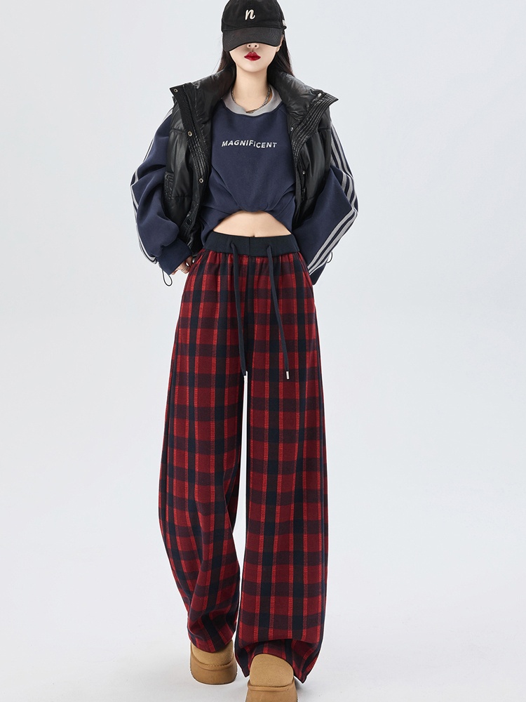 Plaid plus velvet casual pants slim wide leg pants