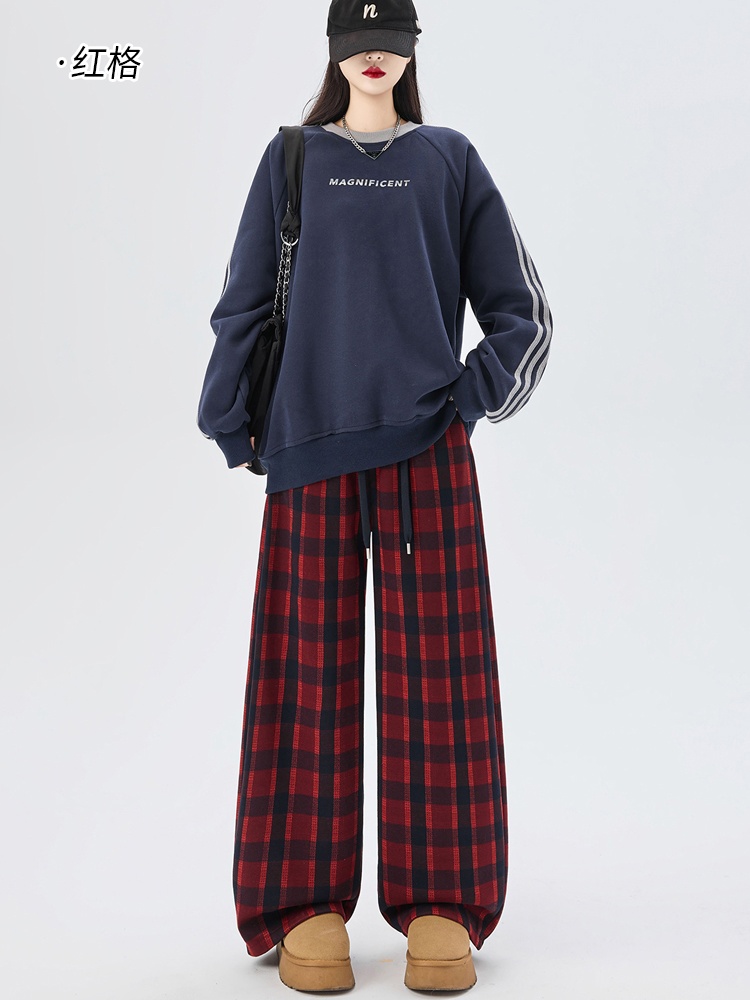 Plaid plus velvet casual pants slim wide leg pants