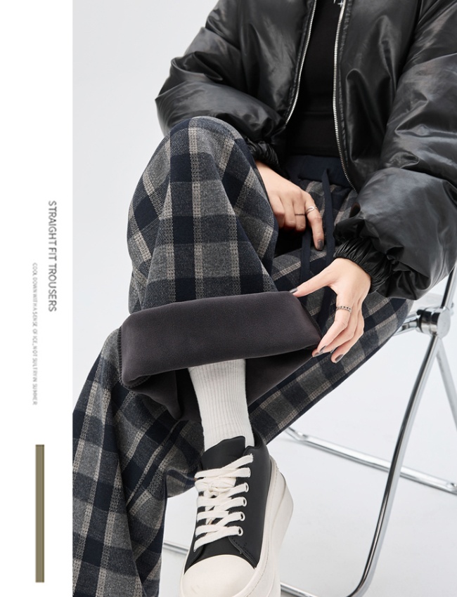 Plaid plus velvet casual pants slim wide leg pants