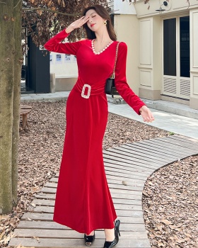 Fashion golden velvet long dress V-neck package hip dress