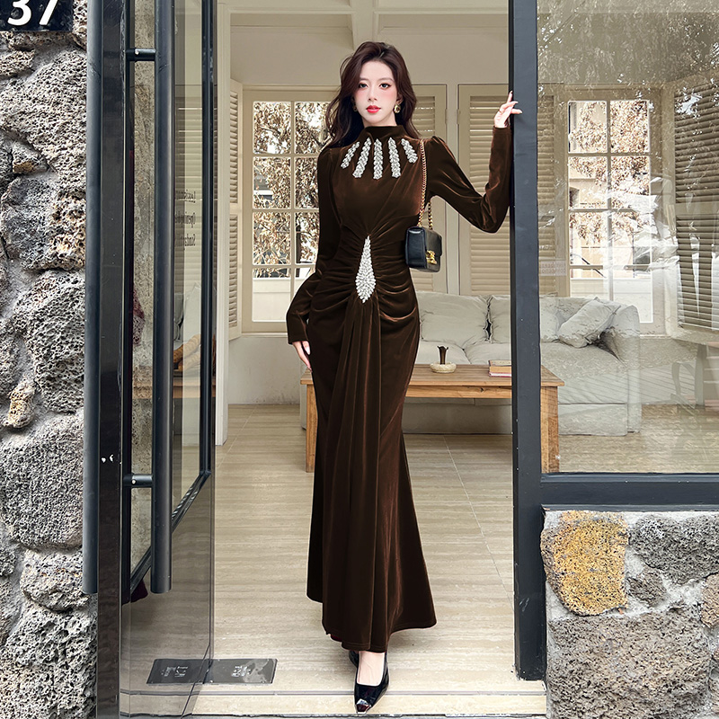 Temperament autumn dress rhinestone long dress
