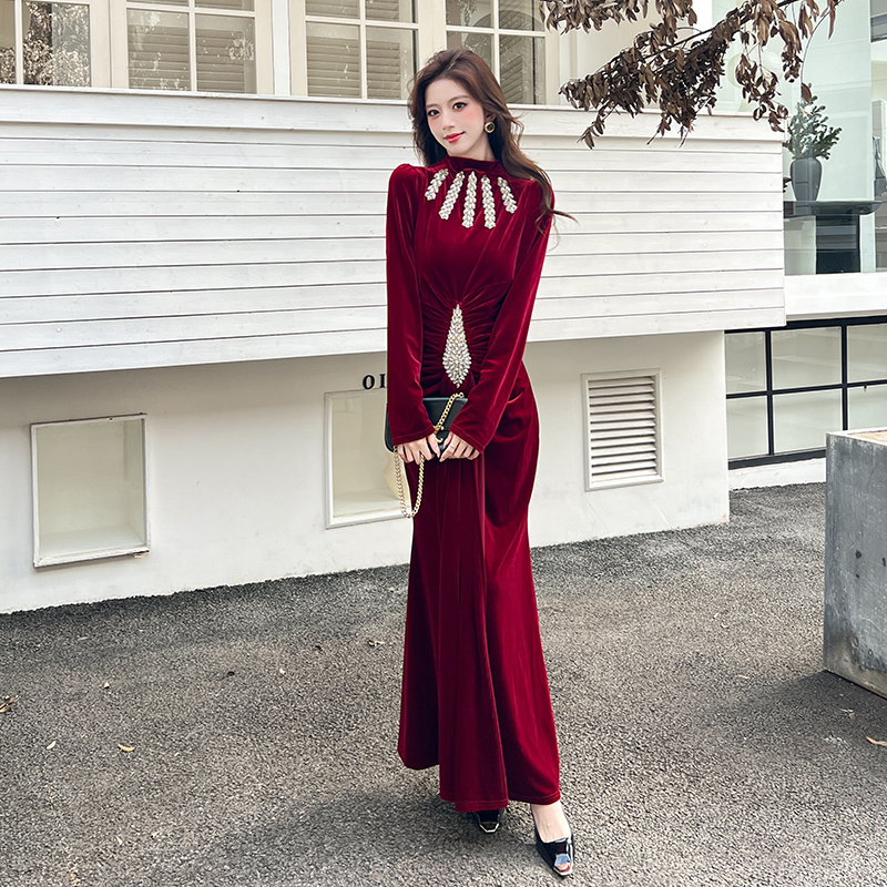 Temperament autumn dress rhinestone long dress