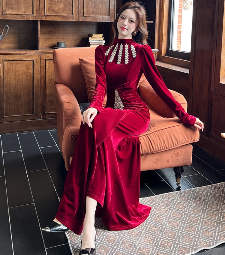 Temperament autumn dress rhinestone long dress