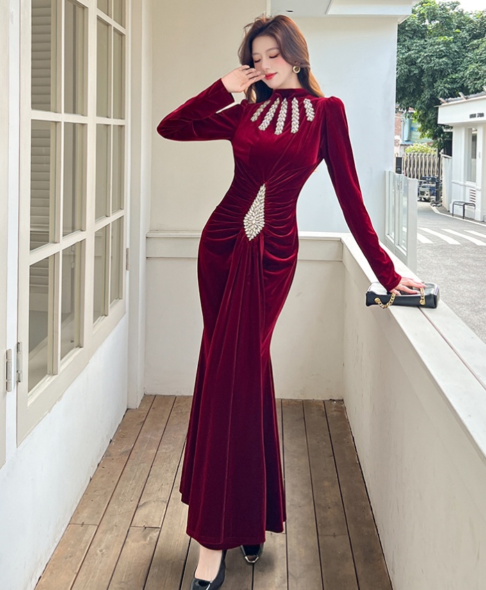 Temperament autumn dress rhinestone long dress