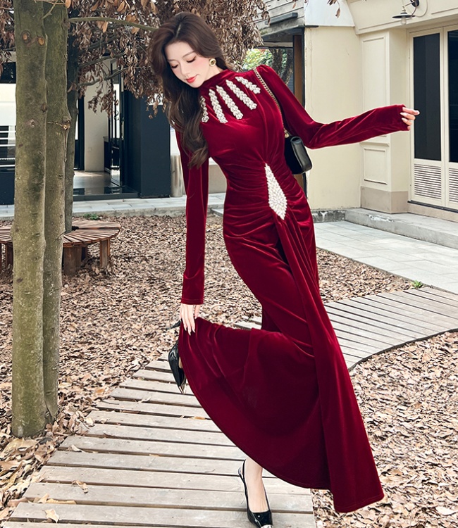 Temperament autumn dress rhinestone long dress