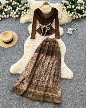 Printing slim belt commuting tops 2pcs set for women