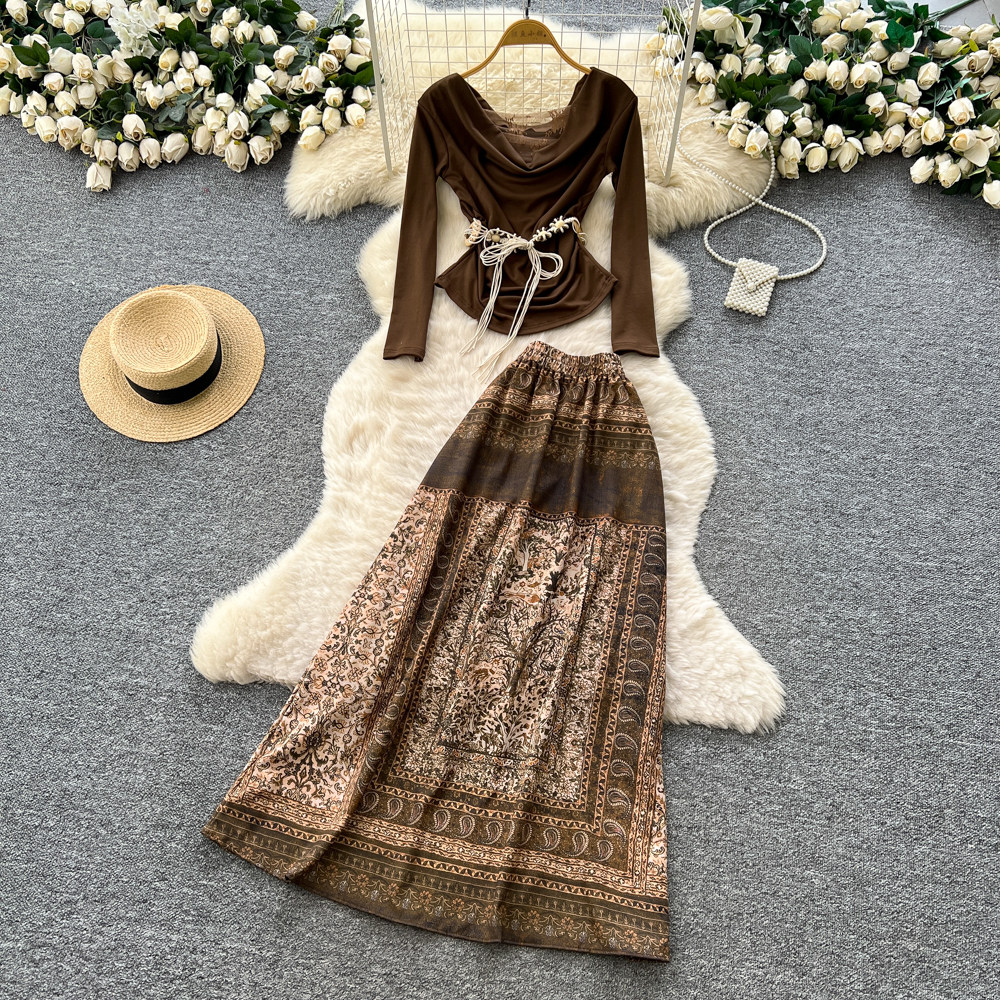 Printing slim belt commuting tops 2pcs set for women