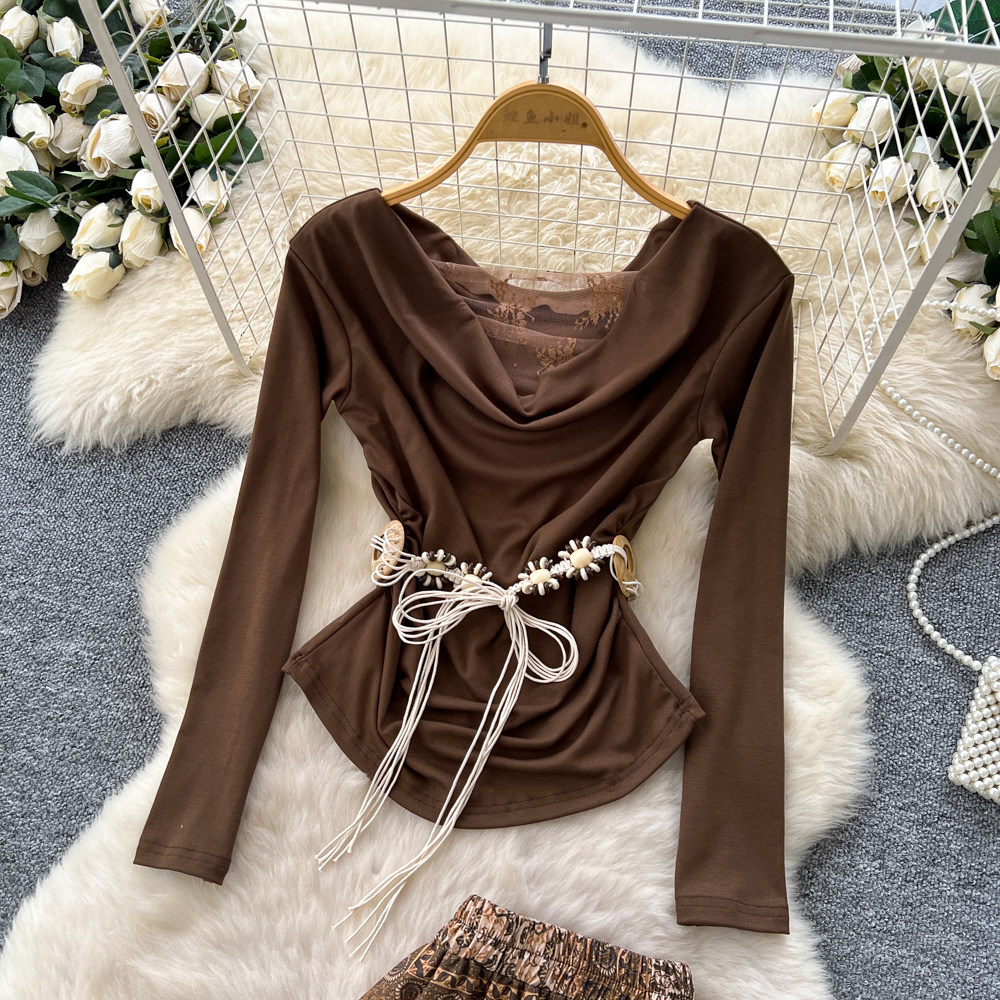 Printing slim belt commuting tops 2pcs set for women