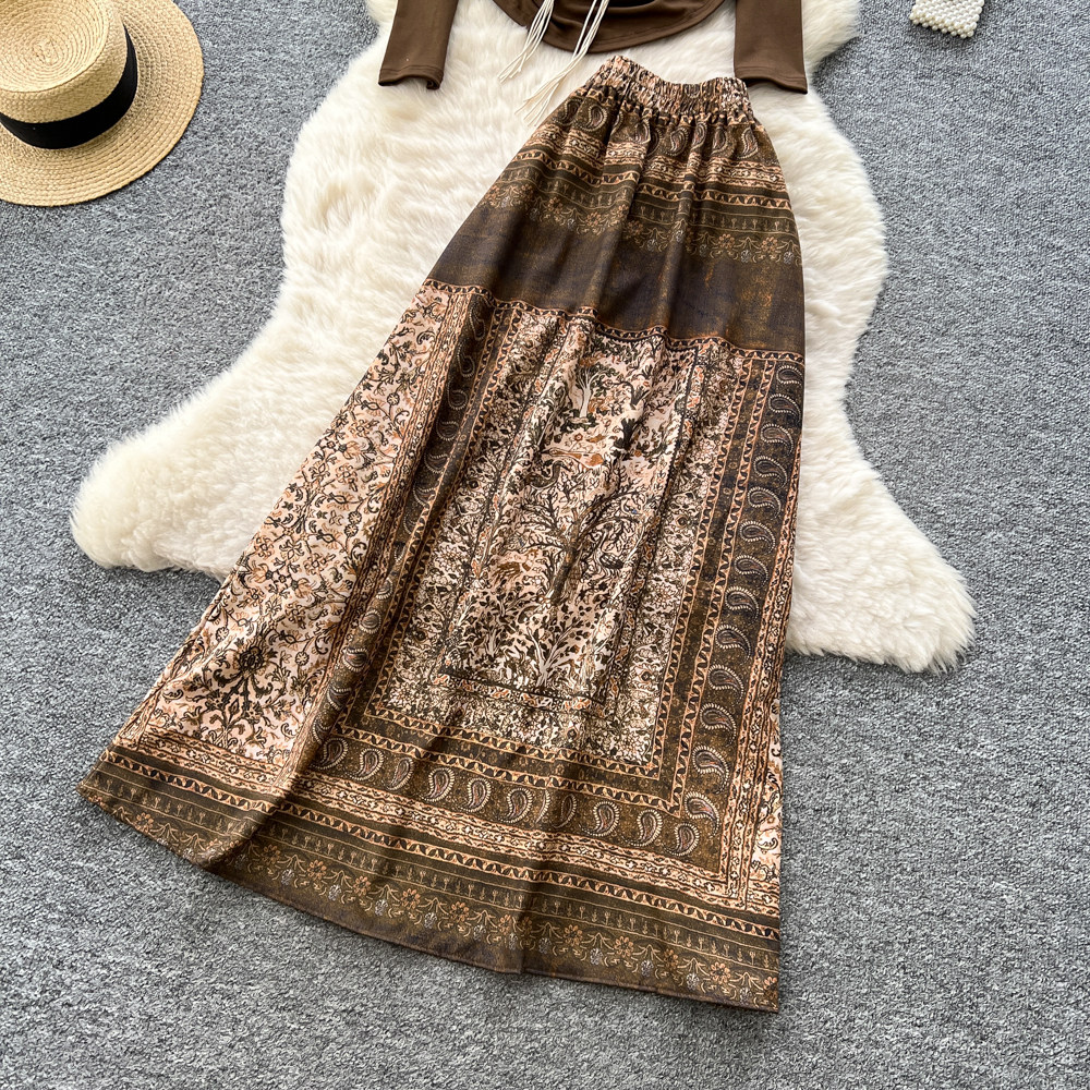 Printing slim belt commuting tops 2pcs set for women