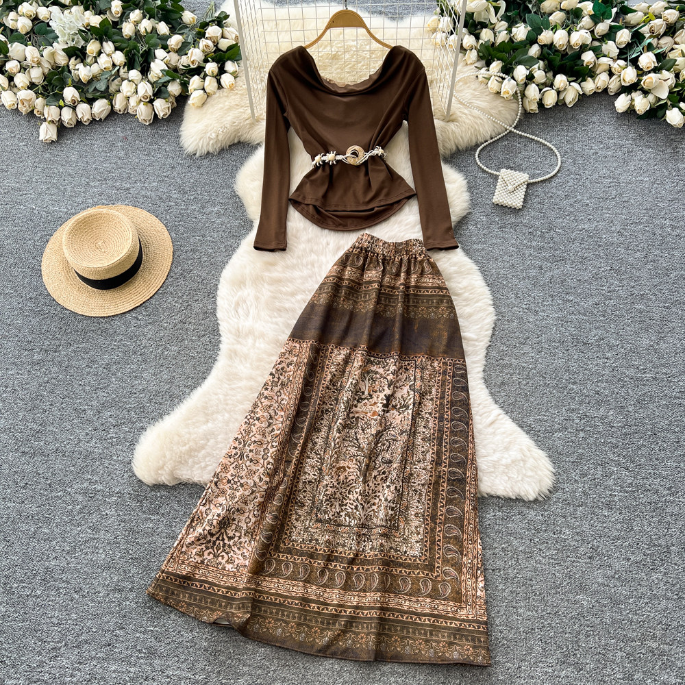 Printing slim belt commuting tops 2pcs set for women