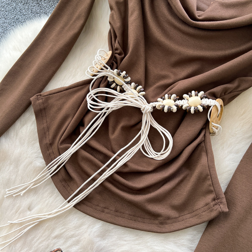 Printing slim belt commuting tops 2pcs set for women