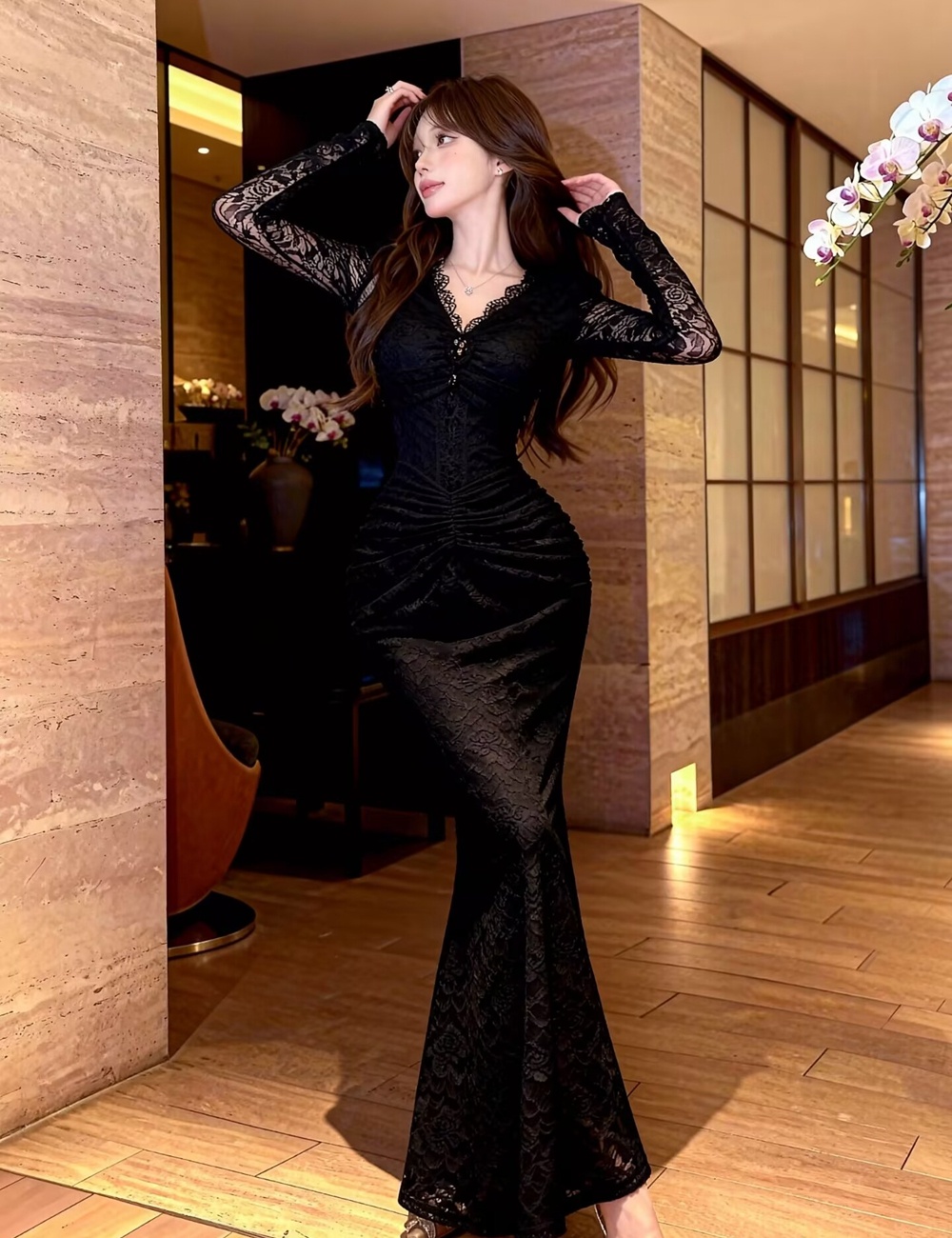 Lace V-neck slim dress mermaid tender long dress