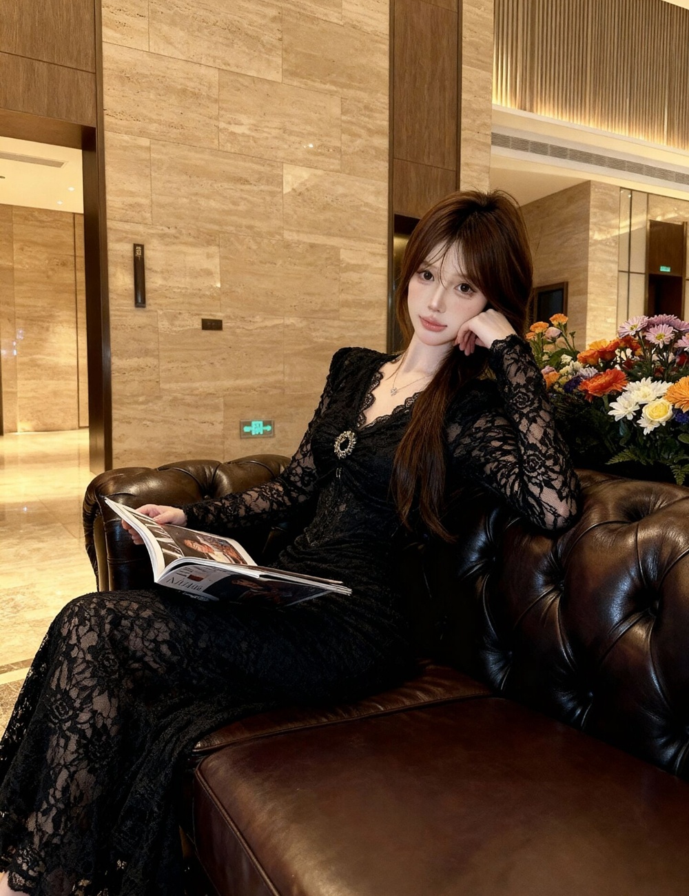 Lace V-neck slim dress mermaid tender long dress