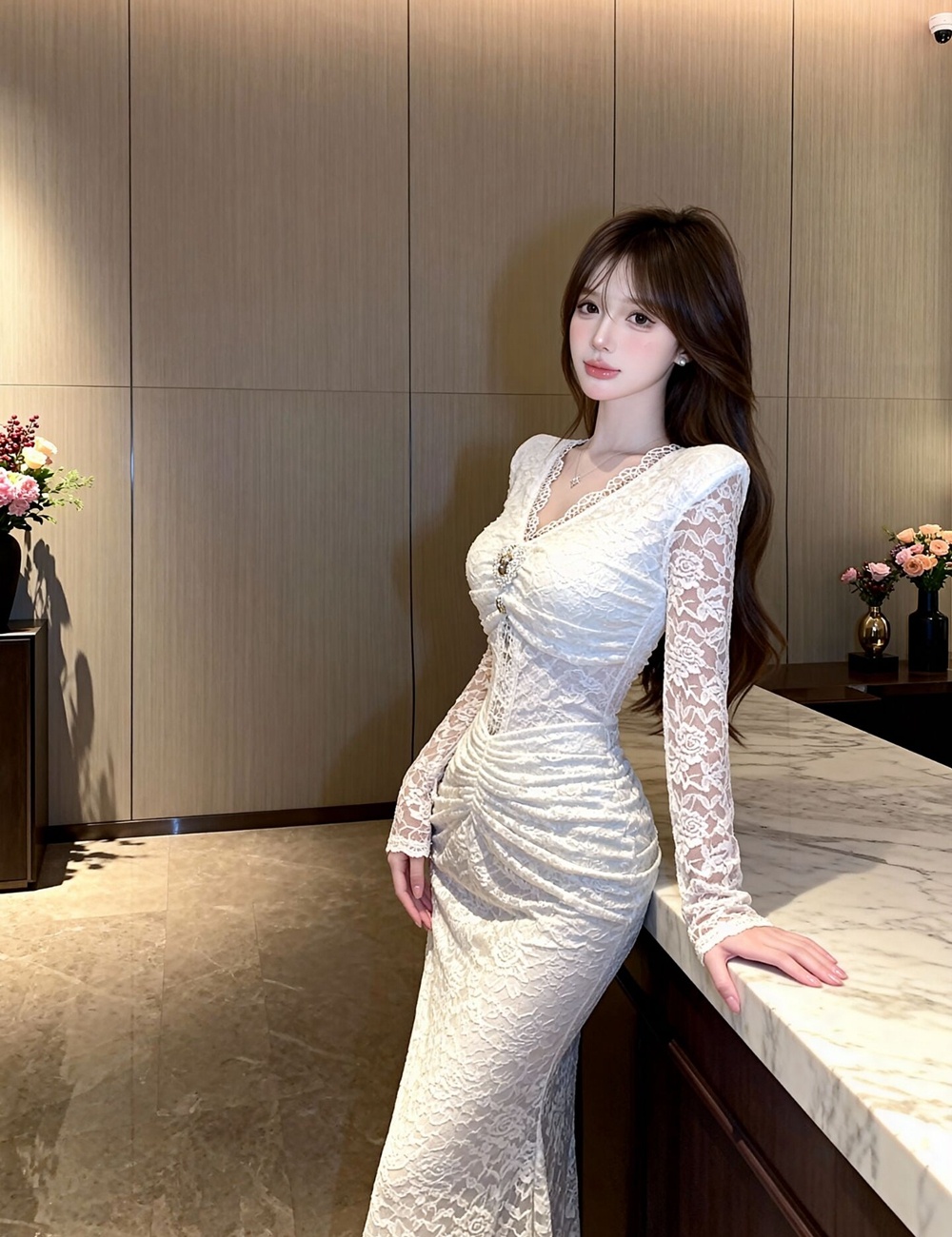 Lace V-neck slim dress mermaid tender long dress