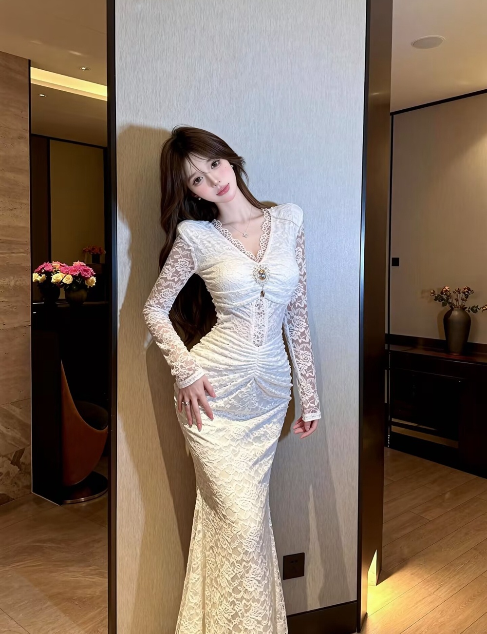 Lace V-neck slim dress mermaid tender long dress