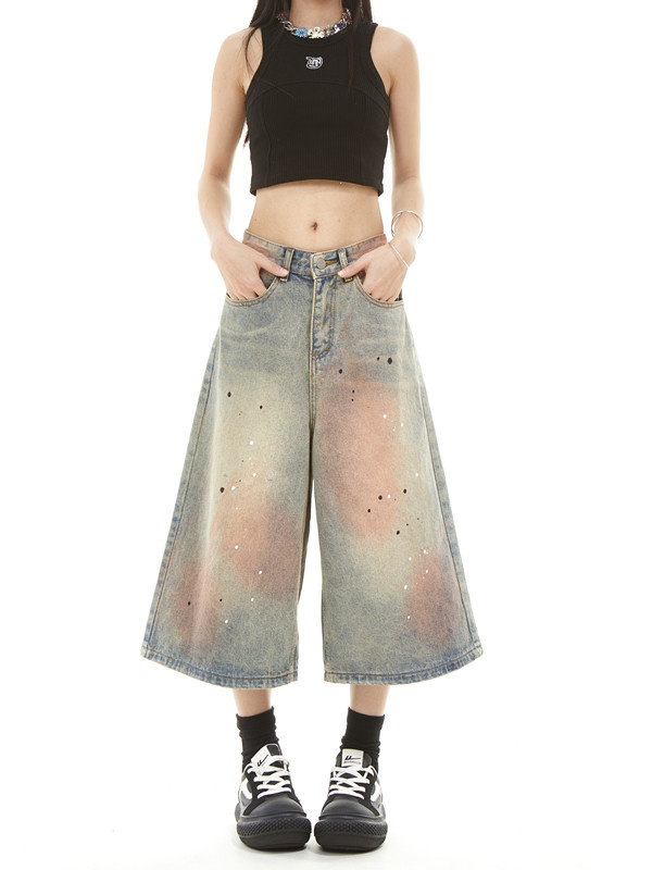 American style summer Casual ink splashes short jeans