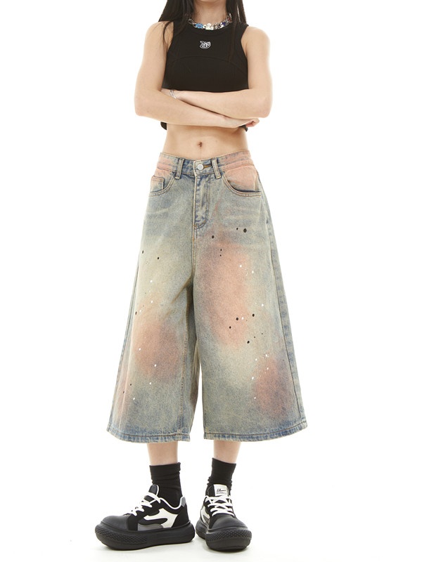 American style summer Casual ink splashes short jeans