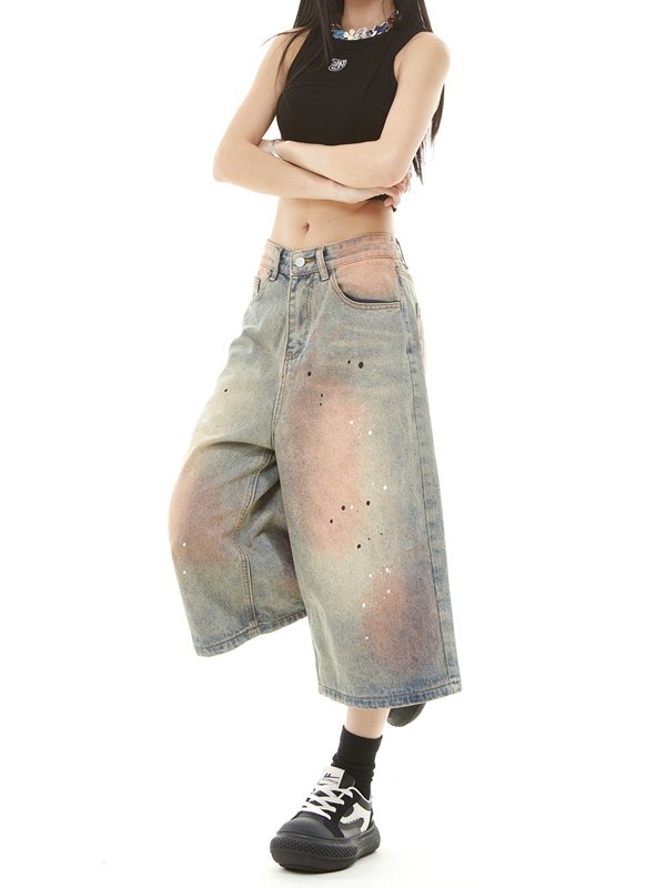 American style summer Casual ink splashes short jeans