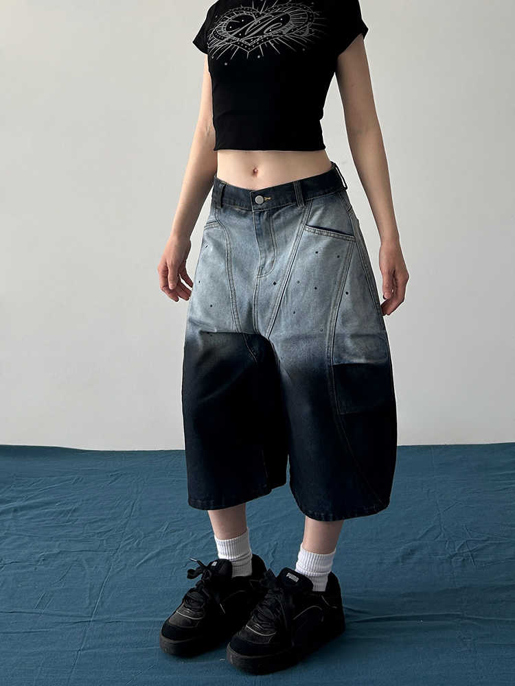 Niche gradient splice American style wide leg pants