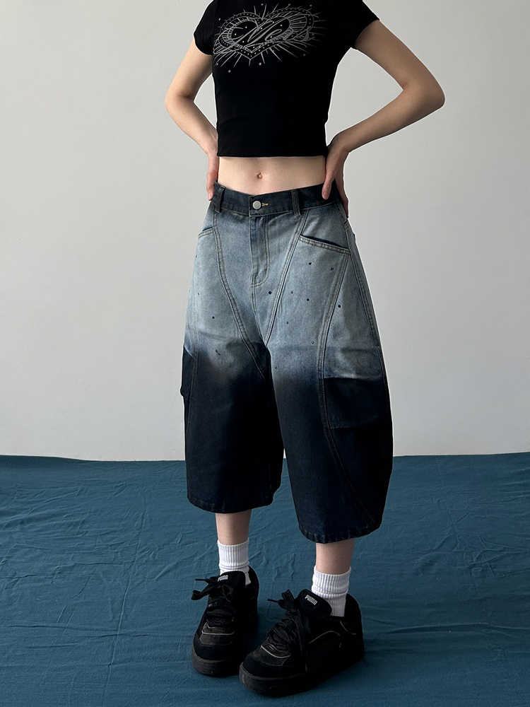 Niche gradient splice American style wide leg pants