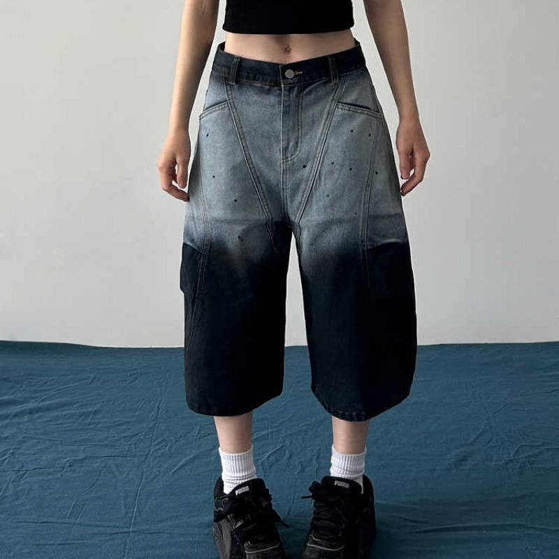 Niche gradient splice American style wide leg pants