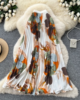 Drape printing long skirt elastic waist retro skirt for women