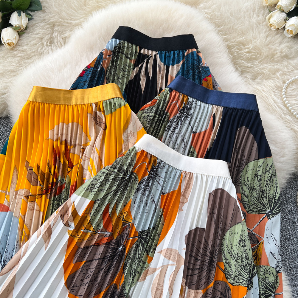 Drape printing long skirt elastic waist retro skirt for women