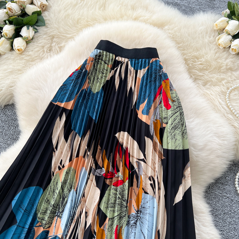 Drape printing long skirt elastic waist retro skirt for women