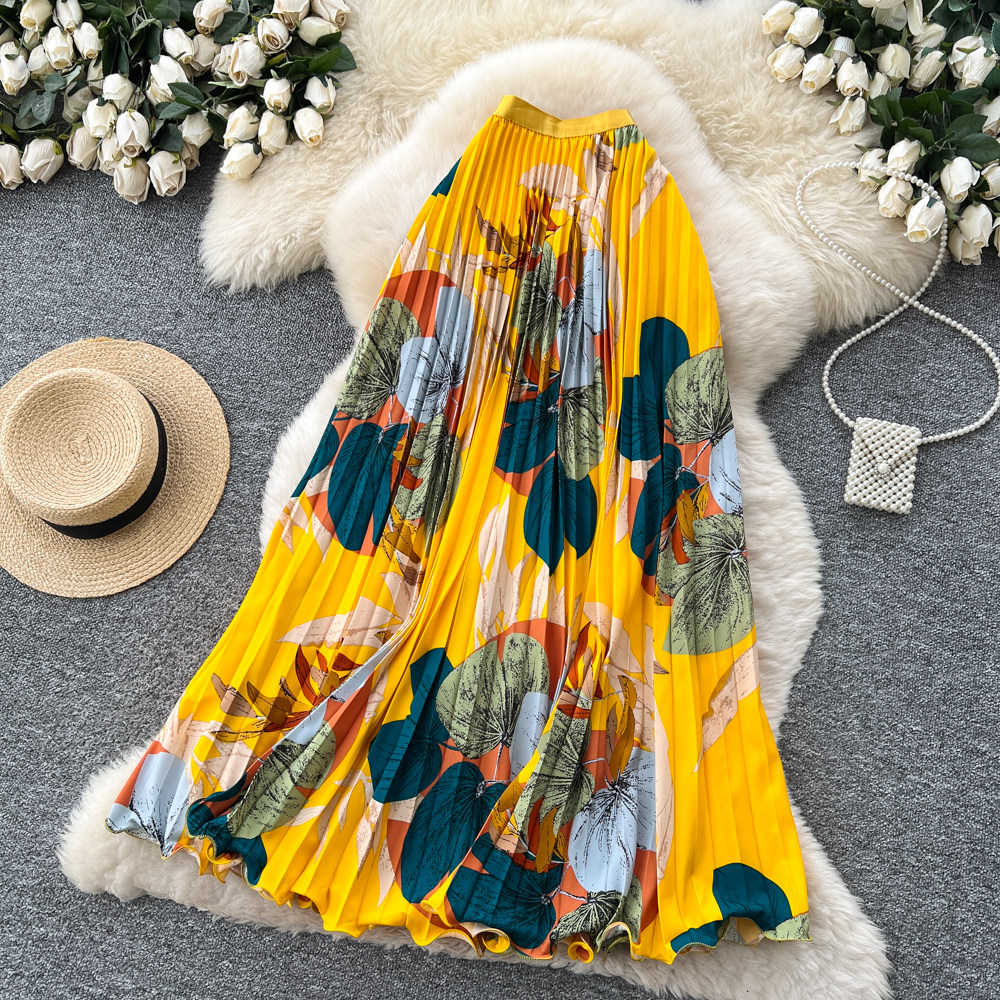 Drape printing long skirt elastic waist retro skirt for women