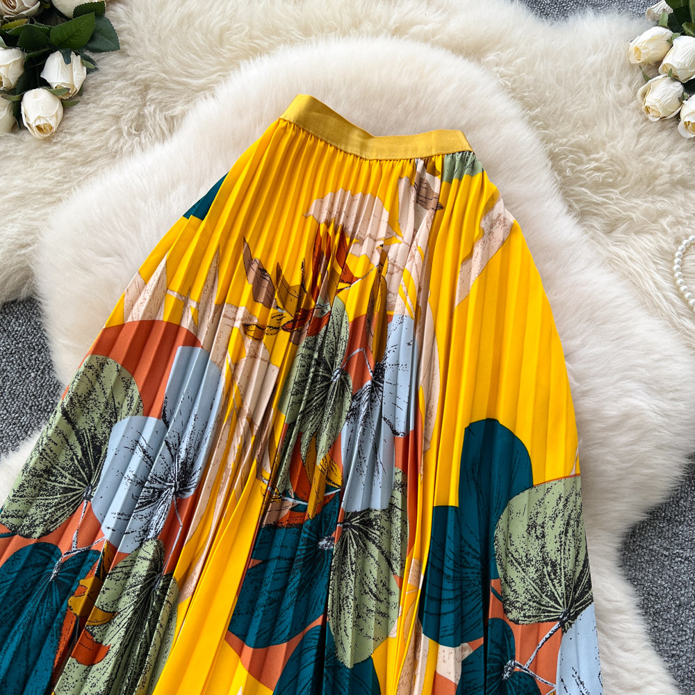 Drape printing long skirt elastic waist retro skirt for women