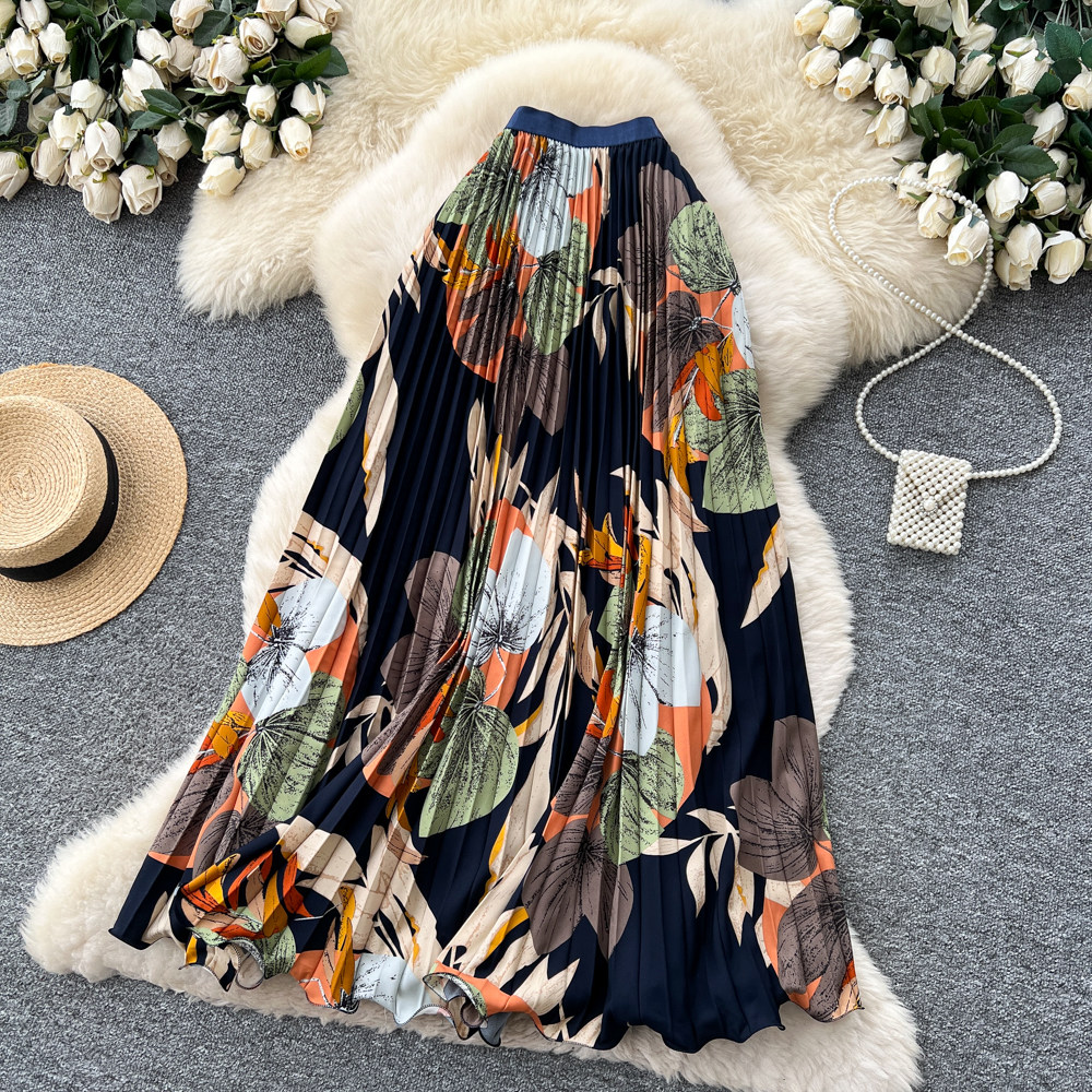 Drape printing long skirt elastic waist retro skirt for women