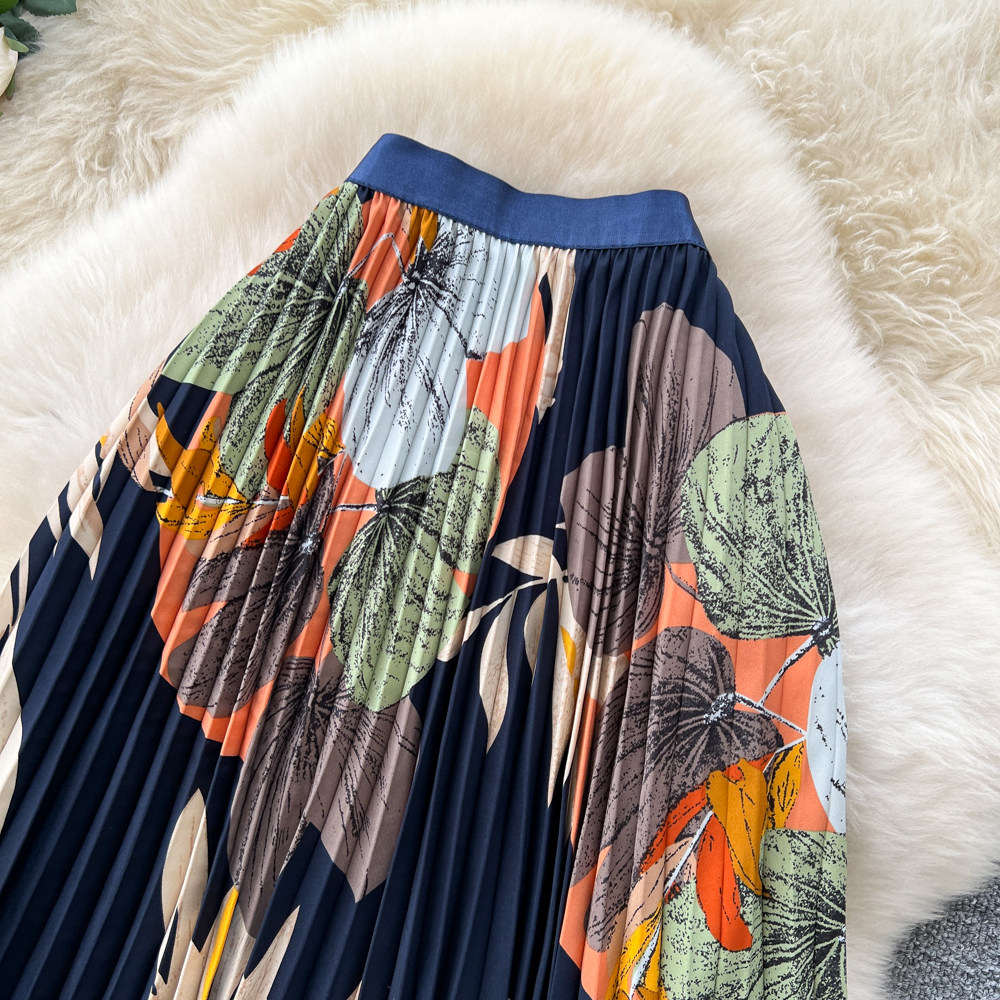 Drape printing long skirt elastic waist retro skirt for women