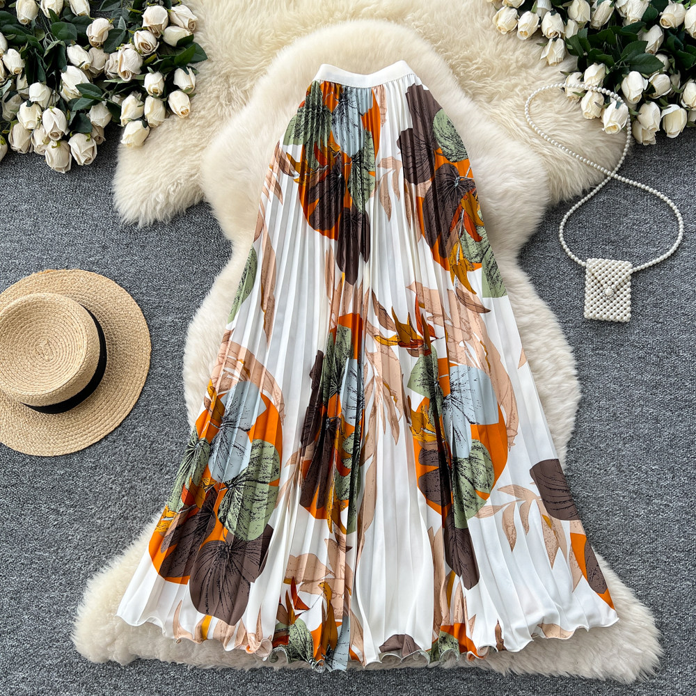 Drape printing long skirt elastic waist retro skirt for women