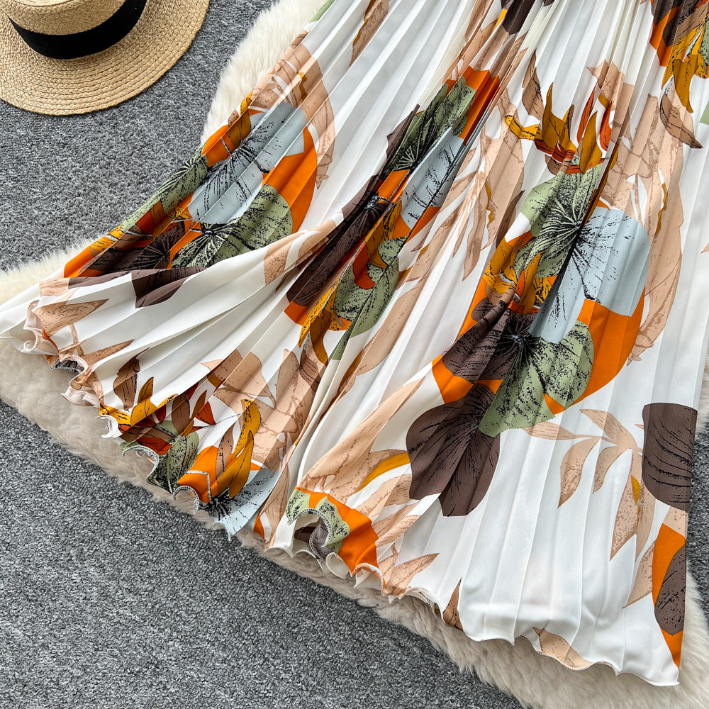 Drape printing long skirt elastic waist retro skirt for women